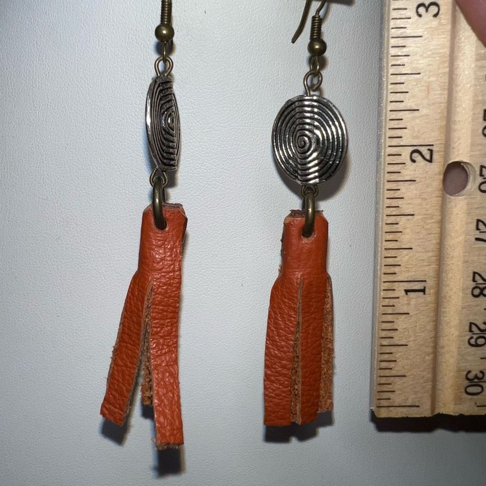 Boho Silver Tone Swirl and Leather Fringe Dangle Earrings - Picture 4 of 4